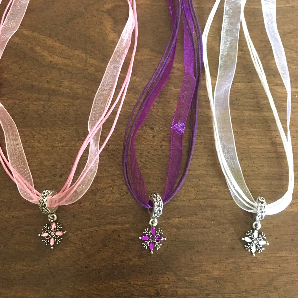 Pink Snowflake Cross Star Pendant Ribbon Necklace Choker Organza - Picture 10 of 11